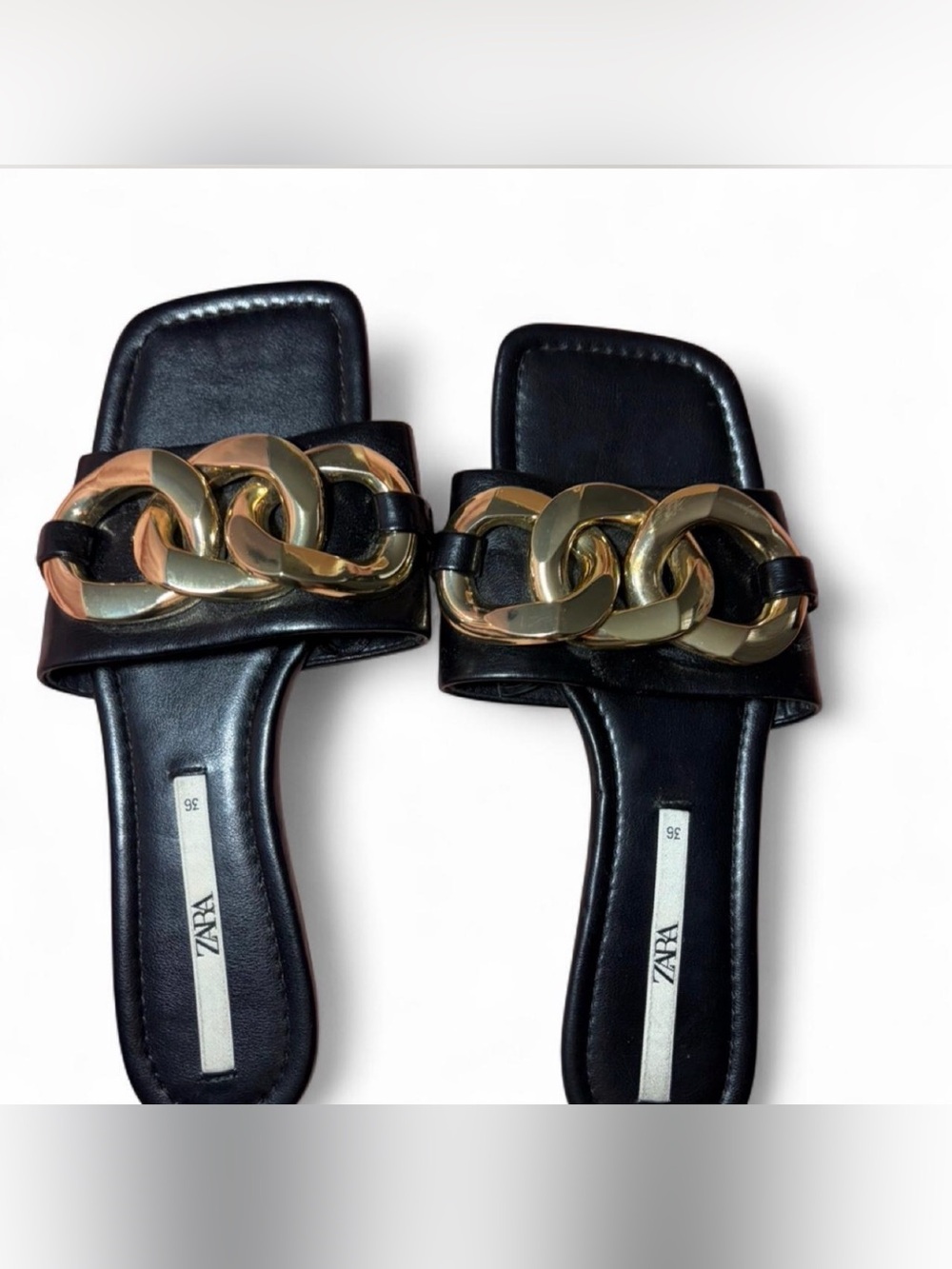 Zara Black Slide Sandals with Chunky Gold Chain